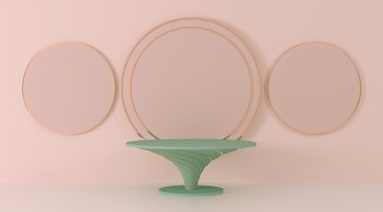 3d rendering of a golden spiral around a podium table on a pink background of circles with gold accents