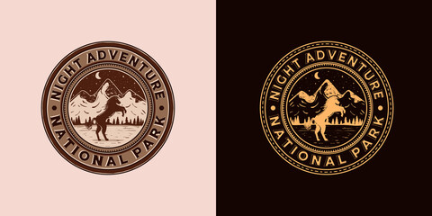 Outdoor Adventure Logo Vector Illustration Design. Exclusive Vintage Style Adventure Logo Design. Vintage Old Style of Night Adventure Logo Emblem. Night, Horse and Mountain Logo Concept Inspiration