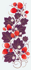 Hand drawn strawberry ornament isolated on black background. Violet art painting