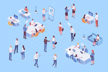 Isomeric office people vector set. Office life. Business people, Teamwork. Vector characters isolated on background.. - obrazy, fototapety, plakaty
