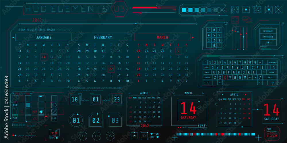 Poster a set of hud calendars elements for a futuristic interface.