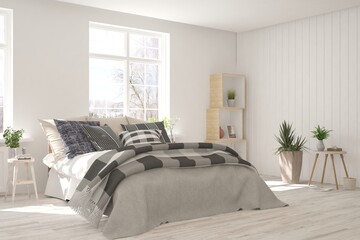 Stylish bedroom in white color. Scandinavian interior design. 3D illustration