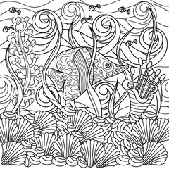 Coloring book for adults , Underwater. Doodles of the underwater world, sea, ocean, river . Fish, shells and corals, seaweed and waves.