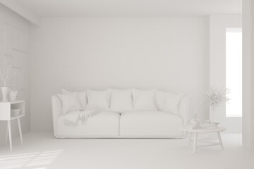 White minimalist living room with sofa. Scandinavian interior design. 3D illustration