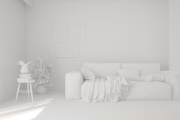 White minimalist living room with sofa. Scandinavian interior design. 3D illustration