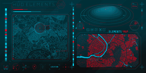 A set of HUD maps elements for a futuristic interface.