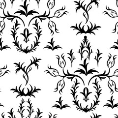 Black and white baroque pattern, damask pattern with floral ornament. Refined Victorian geometric seamless texture for fabric, paper, interior decoration.