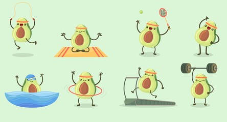 Happy cute avocado exercising flat set for web design. Cartoon avocado fruit character in gym isolated vector illustration collection. Fitness workout and sport activity concept