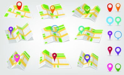 Location signs in different colors with a map. Geolocation with location icons on the map. Travel signs. Vector illustration