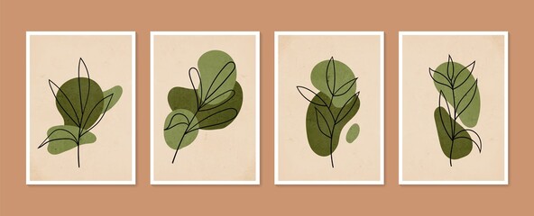 Sammlung zeitgenössischer Kunstplakate. Botanischer Wandkunst-Vektorsatz. Minimale und natürliche Wandkunst. Abstraktes Pflanzenkunstdesign für Druck, Tapete, Cover. Moderne Vektorillustration. © shendart