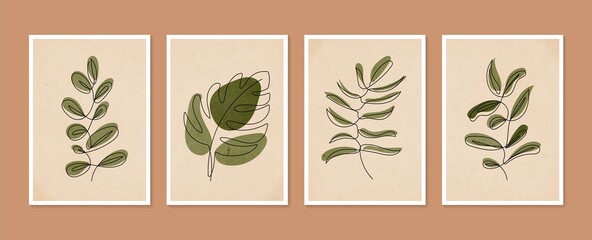 Sammlung zeitgenössischer Kunstplakate. Botanischer Wandkunst-Vektorsatz. Minimale und natürliche Wandkunst. Abstraktes Pflanzenkunstdesign für Druck, Tapete, Cover. Moderne Vektorillustration. © shendart