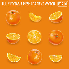 Set of ripe oranges on an orange background.