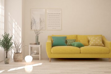 White living room with sofa. Scandinavian interior design. 3D illustration