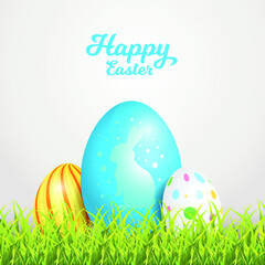 Happy Easter greeting card with cultured eggs and flowers, illustration