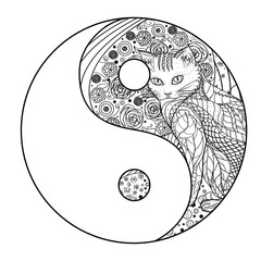 Cat. Yin and Yang. Zentangle. Hand drawn mandala with cat on isolation background. Design for spiritual relaxation for adults. Line art creation. Black and white illustration for coloring. Zen art