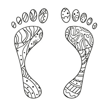 Foots. Hand drawn element with abstract patterns on isolation background. Design for spiritual relaxation for adults. Line art creation. Black and white illustration for coloring. Print for t-shirts