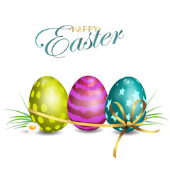 Happy easter card with text Happy easter with decor, eggs, grass, bow on white background. Vector illustration greeting card, poster, flyer, web-banner, article, social media.