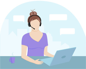Concept illustration for support, client assistance, call center, customer service. Caucasian woman with headphones and microphone - employee, worker - with laptop and cup of coffee, made in  vector. 