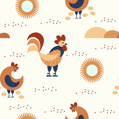 Seamless nature pattern, gardening. Rooster and  hens, eggs, sun, day, drawing on  white background, abstract, hand drawn, packaging, wallpaper, design for textiles, vector illustration. 