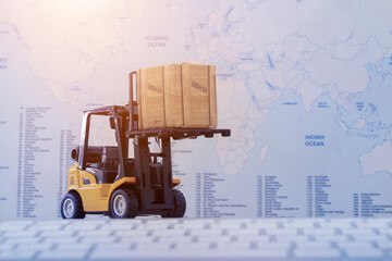 Forklift truck handing cargo shipping container box with worldmap background use as online tracking...