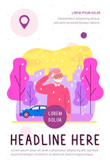 Lonely senior man walking in rain. Sad grey haired character outside, city, autumn flat vector illustration. Loneliness, retirement, old age concept for banner, website design or landing web page