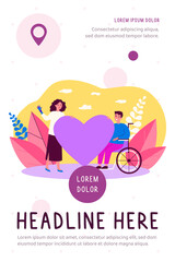 Woman and handicapped man holding big heart. Love, together, nursing flat vector illustration. Care, aid and relationship concept for banner, website design or landing web page