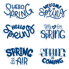 Set of different phrases about spring. Collection of hand drawn lettering, blue color. Words isolated on white background for decoration, design, print.