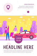 Naklejka premium Happy businessman taking taxy. Luggage, cab, transport to airport flat vector illustration. City traffic, travel, transportation concept for banner, website design or landing web page