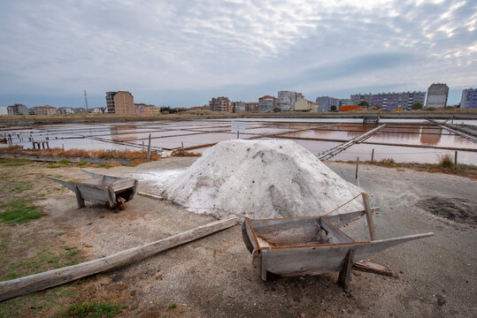 Pools of different colors for the production of sea salt. Salt Museum in the town of Pomorie, Burgas region, Bulgaria