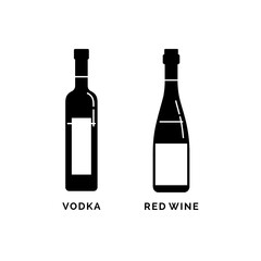 Bottle vodka and red wine as silhouette. Alcohol drink drawing. Black white. Decoration element. Bar menu design. Symbol, logo. Isolated illustration white background. Drink element
