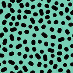 70s 80s 90s vector retro japanese fashion seamless pattern in green and black colors. Exotic Leopard texture ornament with big dots and ovals on green background. Endless vintage fashion design.