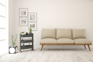 White living room with sofa. Scandinavian interior design. 3D illustration