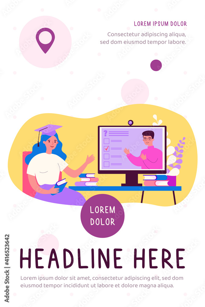 Poster college student watching online webinar, passing test, using computer, attending class. vector illus