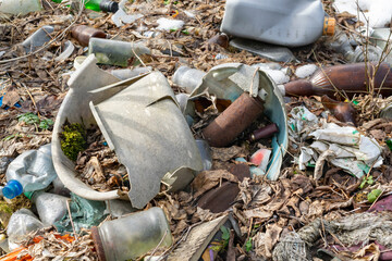 wild garbage dump. residual glass, plastics in the forest