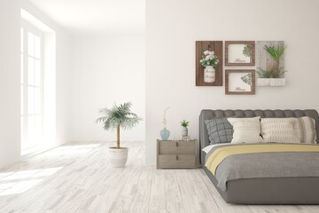 White bedroom interior. Scandinavian design. 3D illustration