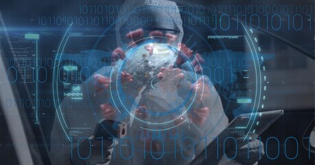 Healthcare worker wearing protective suit and using digital tablet over scan of coronavirus covid19 