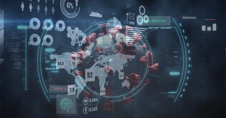 Healthcare worker wearing protective suit and using digital tablet over scan of coronavirus covid19 