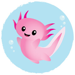 Cute pink cartoon axolotl in water bubble