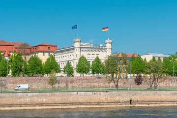 Historical downtown of Magdeburg, old town, Elbe river, and two flags, German and European Union at...
