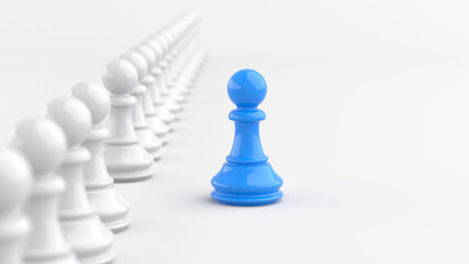 Leadership concept, blue pawn of chess, standing out from the crowd of white pawns, on white background with empty copy space. 3D Rendering