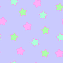 Cute vector purple seamless design in magic style. Wizard anime background with stars on a violet background. Pink, green and indigo star colors.