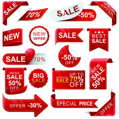 Set of realistic red price tags, tag sale 30%, 50%, 70%. Sales and label tags, shopping label templates. Discount labels. Vector illustration