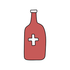 Medicine pill bottle with a cross. Vector hand drawn illustration in doodle style. Medical first aid kit