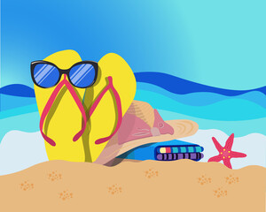Fototapeta na wymiar Summer dream vacation illustration with sunglasses, slippers, sea, sand, starfish, hat and towels. High quality illustration