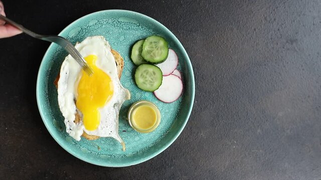 fried eggs breakfast vegetables, bread and sausages, eggs and bread bun croque-monsieur or croque-madam portion on the table cooking meal snack outdoor top view copy space for text food background