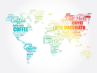 Naklejka na ściany i meble Coffee drinks word cloud in shape of World Map, concept background