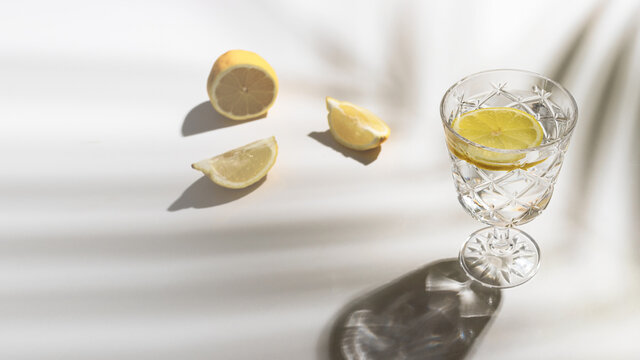 Cocktail Glass  With Lemon On White Background With Palm Tree Shadow