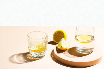 Two Glasses of water with lemon  on beige background with hard light and shadow