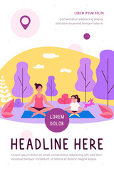 Happy mom and daughter practicing yoga in park. Woman and girl training outdoors. Flat vector illustration for family activity, outdoor workout, fitness, leisure concept