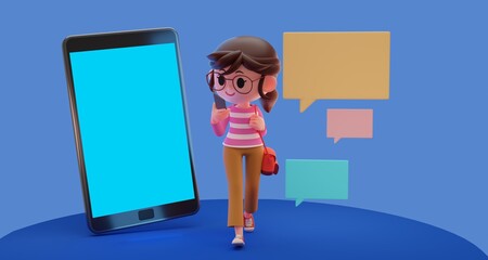 3D render illustration of cute teenager girl character using smartphone while walking with many message icons and giant mobile phone